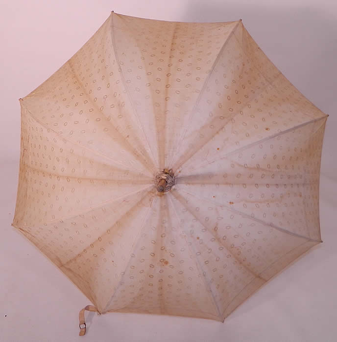 Edwardian Polka Dot Linen Burl Wood Handle Summer Pagoda Parasol. The parasol measures 36 inches long and 96 inches in circumference when opened.