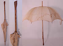 Edwardian Polka Dot Linen Burl Wood Handle Summer Pagoda Parasol