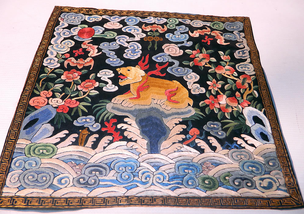 Antique Chinese Silk Embroidered Bear Fifth Rank Military Badge Pair. The badge is made of colorful padded satin stitch hand embroidery work.
