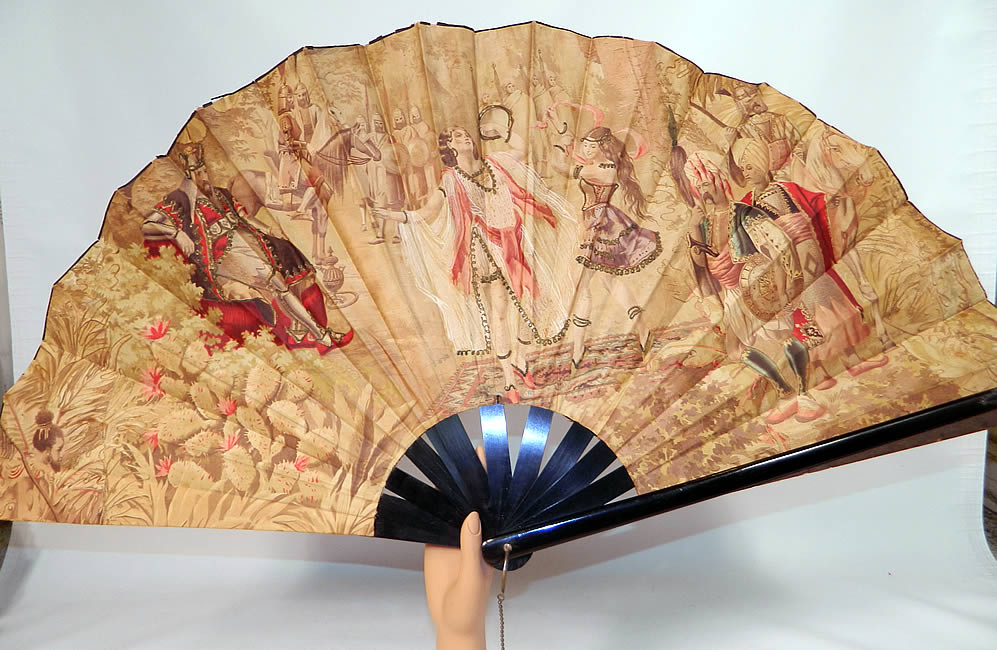 Victorian Antique Ottoman Large Chintz Figural Belly Dancer Harem Embroidered Fan. It is made of a muted sepia color chintz fabric, with red highlights, figural scenes of North Africa, belly dancers, solider's, sultans, harem, African indigenous tribal people, horses and cactus.