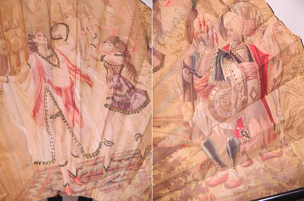 Victorian Antique Ottoman Large Chintz Figural Belly Dancer Harem Embroidered Fan. This is truly a rare and unique piece of Ottoman textile art! 