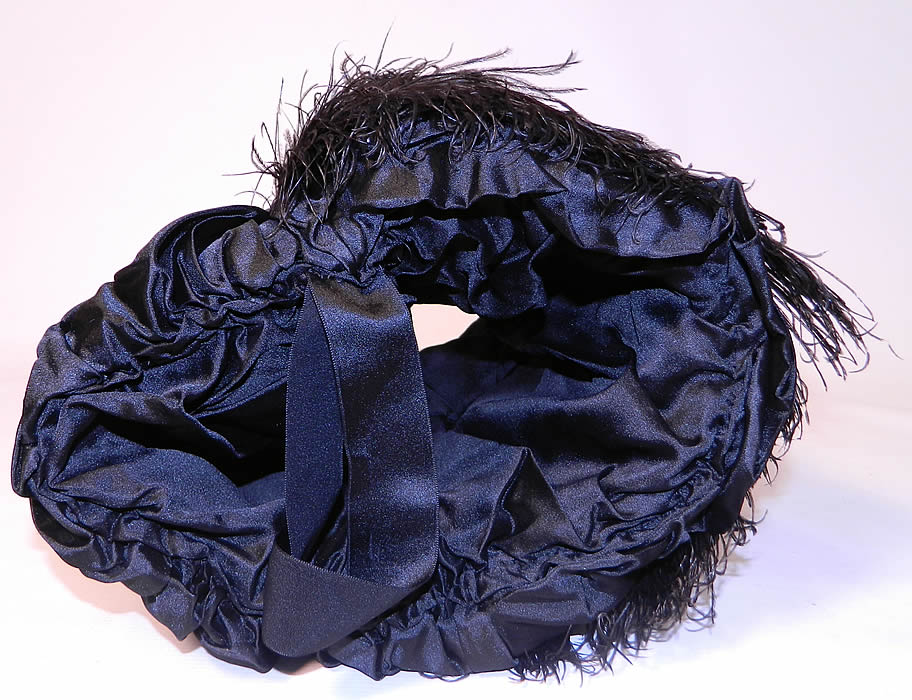 Victorian Black Silk Ostrich Feather Plume Trim Winter Muff Hand Warmer. This wonderful winter muff old fashioned hand warmer has padding inside for warmth, is fully lined and has a ribbon strap on the end for carrying around the wrist. 