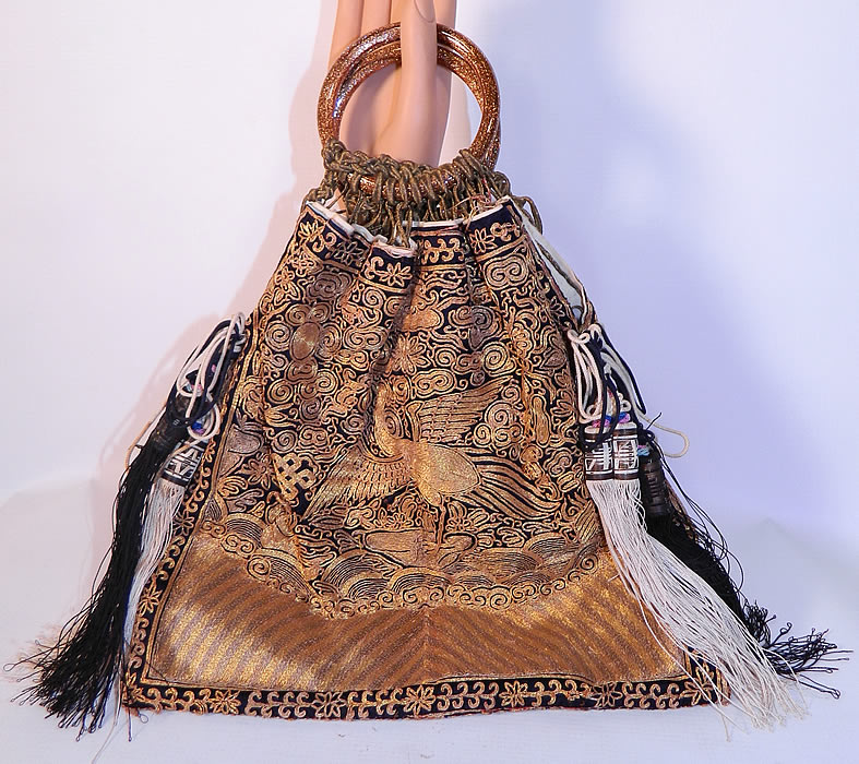 Antique Chinese Gold Couching Paradise Flycatcher Bird 9th Rank Badge Purse. There is a paradise flycatcher bird in the center, with smoke clouds, sun disk on the left for a male badge, Eight Buddhist symbols of good fortune and waves of water embroidered on the bottom.