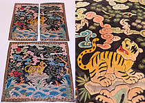 Antique Chinese Silk Embroidered Tiger Fourth Rank Military Badge Pair