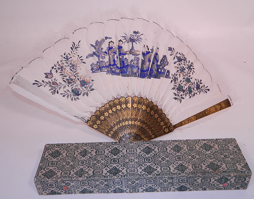 Antique Chinese Hand Painted Silver Leaf Feathers Gold Lacquer Fan & Box. 