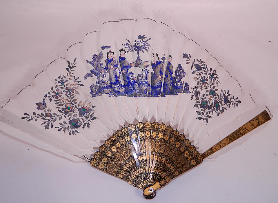 Antique Chinese Hand Painted Silver Leaf Feathers Gold Lacquer Fan & Box. 
