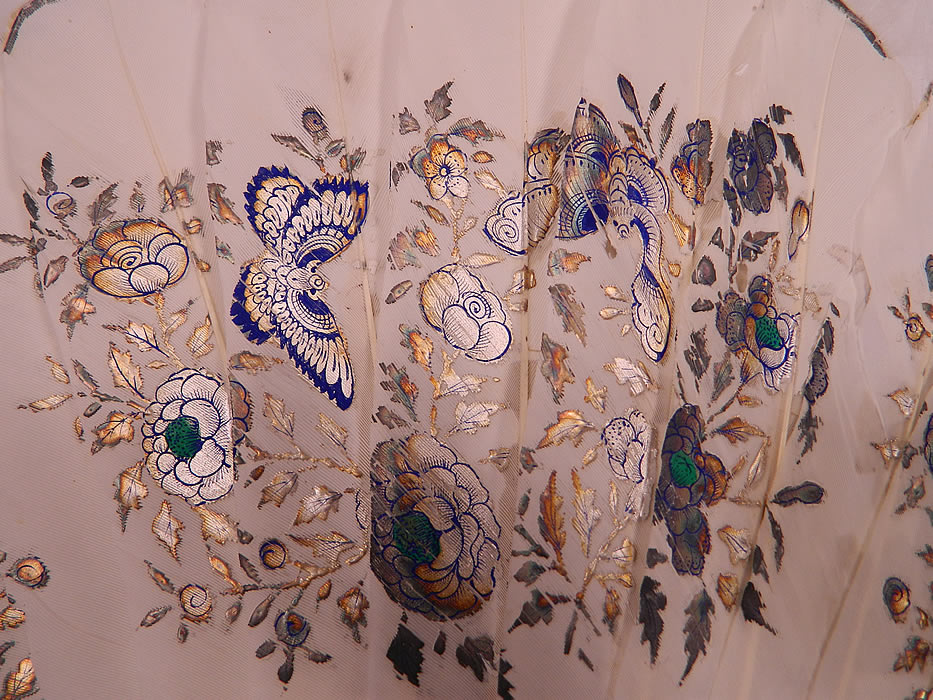 Antique Chinese Hand Painted Silver Leaf Feathers Gold Lacquer Fan & Box. 
