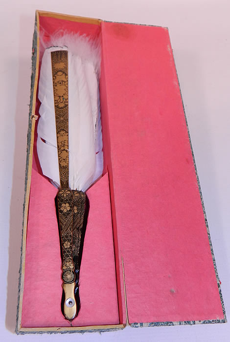 Antique Chinese Hand Painted Silver Leaf Feathers Gold Lacquer Fan & Box. 