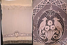 Victorian Antique Point de Venise Lace Floral Bird Net Fringe Drapery Curtain Panel