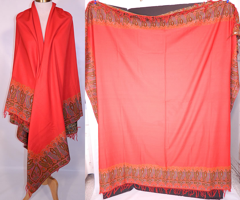 Victorian Antique Jacquard Loom Wool Large Red Square Center Paisley Shawl. This Victorian era antique jacquard loom wool large red square center paisley shawl dates from the 1880s. It is made of jacquard loomed woven wool done in vibrant vivid colors of orange, red, gold, green, turquoise blue, black and white. These paisley shawls were made in Kashmir and Europe in Scotland at Paisley itself.