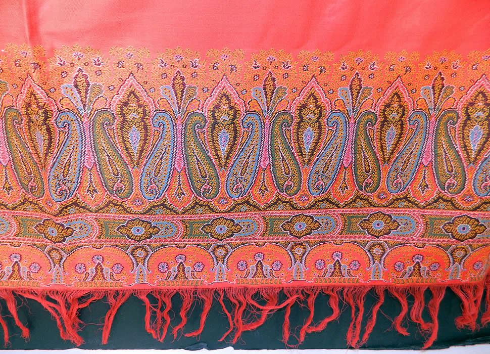 Victorian Antique Jacquard Loom Wool Large Red Square Center Paisley Shawl. The square shawl measures 70 by 70 inches. It is in good condition, with no holes or repairs. This is a wonderful piece of wearable antique paisley textile art!