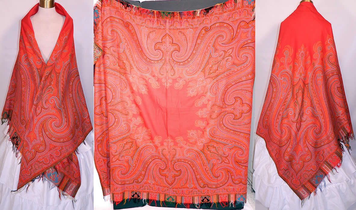 Victorian Antique Jacquard Loom Wool Red Star Circular Center Paisley Shawl. This Victorian era antique jacquard loom wool red star circular center paisley shawl dates from the 1880s. It is made of jacquard loomed woven wool done in vibrant vivid colors of predominantly red, orange, gold, green, turquoise blue, black and white.