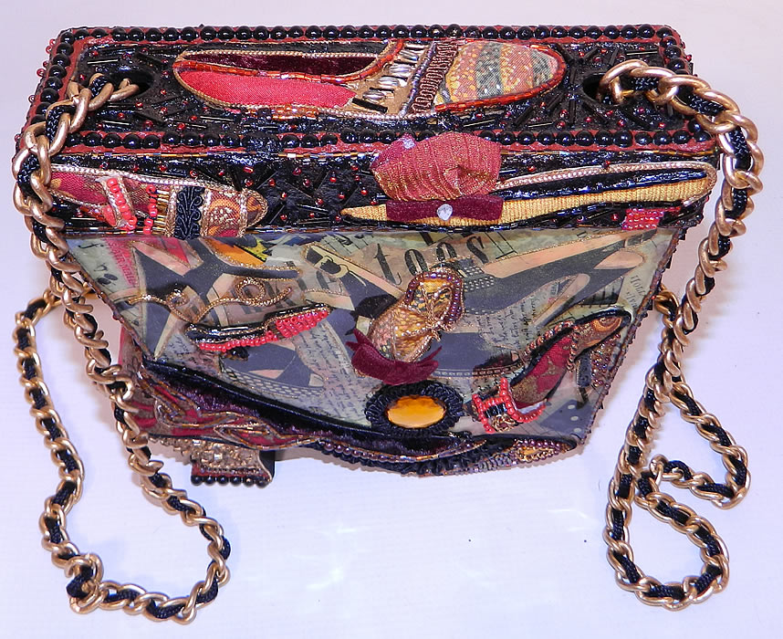 Vintage Mary Frances Paper Mache Decoupage Wooden Shoe Beaded Box Purse. It is made of a carved wood shoe style box shape and decorated with colorful paper mache decoupage lacquer work, beadwork and fabric ribbon trims.