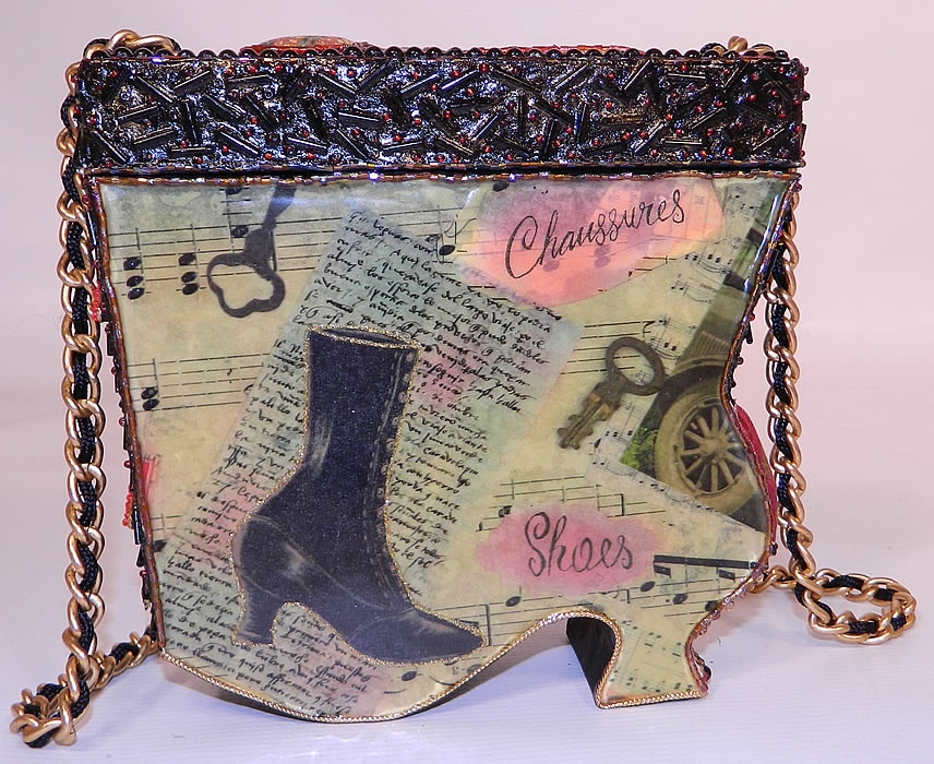 Vintage Mary Frances Paper Mache Decoupage Wooden Shoe Beaded Box Purse. This beautiful beaded embellished handbag purse has a vintage shoe, antique boot theme, with a gold chain link, black silk rope cord long carrying strap and removable top lid.