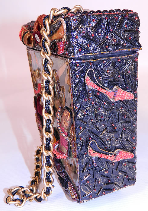 Vintage Mary Frances Paper Mache Decoupage Wooden Shoe Beaded Box Purse. The purse measures 7 by 7 inches and is in good condition. This is truly a wonderful piece of unique one of a kind wearable art! 