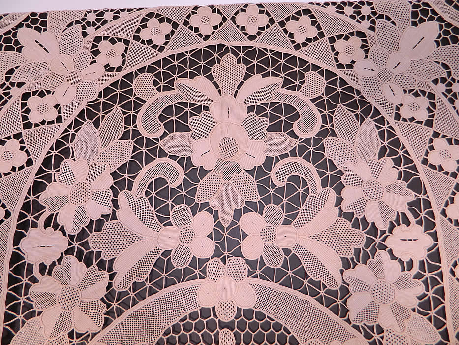 Vintage Antique Point de Venise Lace Banquet Tablecloth & 12 Napkins. The napkins measure 16 1/2 by 16 1/2 inches.It is in good condition, but has not been cleaned, with only a few tiny faint age spot stains on the tablecloth. This is truly a wonderful piece of antique lace textile art!