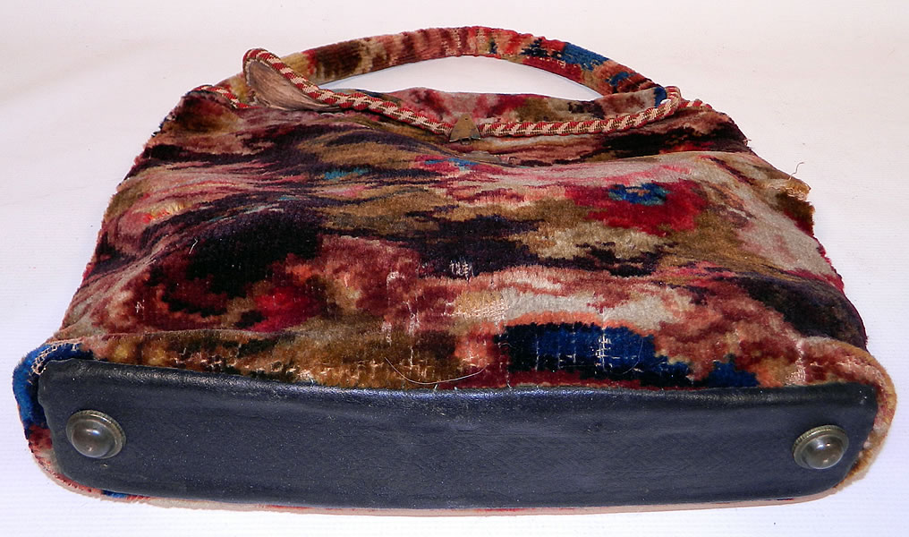 Victorian Antique Civil War Era Document Wool Mohair Carpet Bag Purse. There is a hard bottom covered with black oil cloth leather and two brass feet. 