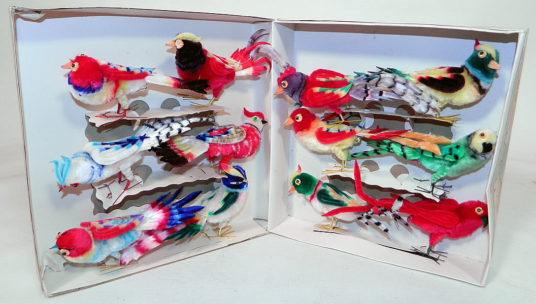 Vintage Unused Boxed One Dozen Novelty Colorful Chenille Birds Trim. This unused box of one dozen vintage novelty colorful chenille birds trim date from the 1940s.