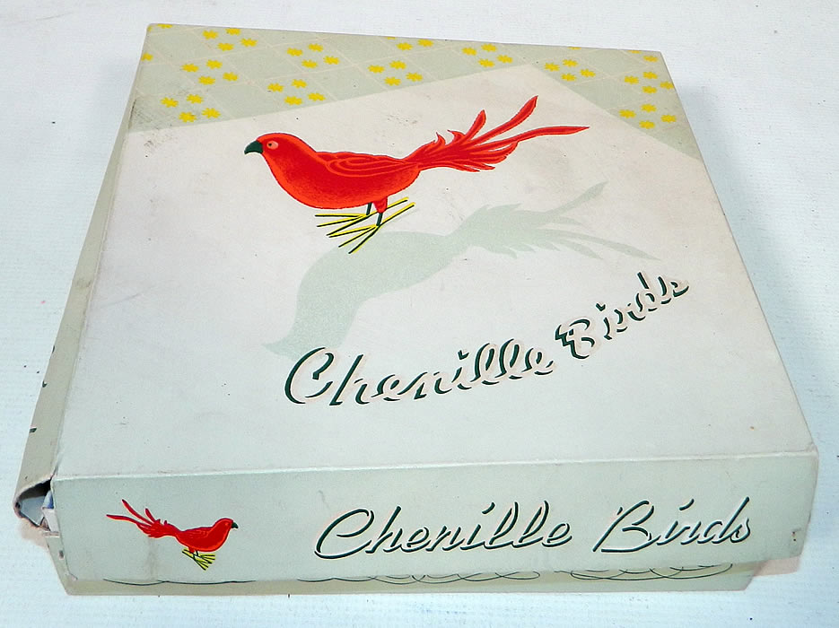 Vintage Unused Boxed One Dozen Novelty Colorful Chenille Birds Trim.