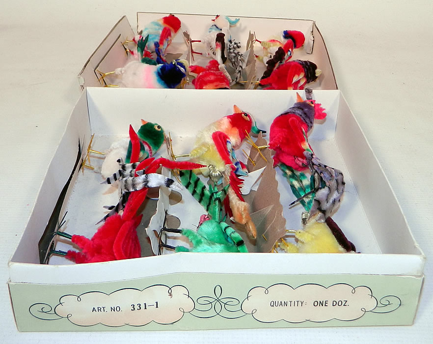 Vintage Unused Boxed One Dozen Novelty Colorful Chenille Birds Trim. They are hand made of colorful chenille, with beaded eyes and wired claw feet. Each one is different, with no two alike and there are 12 in all included inside the book style box. 