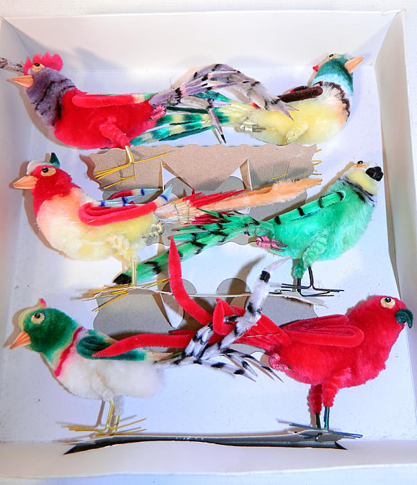 Vintage Unused Boxed One Dozen Novelty Colorful Chenille Birds Trim. The box measures 9 by 9 inches and each bird measures 5 inches long and 3 inches tall. 