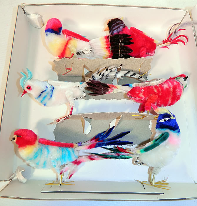 Vintage Unused Boxed One Dozen Novelty Colorful Chenille Birds Trim. It is in good condition never used, with only some slight damage to the box which has some dent and a torn corner.