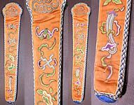 Antique Chinese Orange Silk Peking Stitch Embroidery Bat Swastika Fan Case Holder Purse 