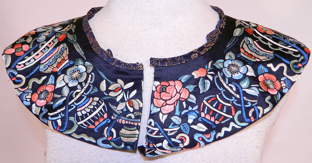 Antique Chinese Silk Embroidered Robe Trim Sleeve Band Cuff Collar. This lot of 4 pieces of matching embroidered silk trim remnants would have been used on a Manchu robe for added decoration and symbolism. It is in good condition, with only some slight fraying. This is truly a wonderful piece of antique Chinese textile art!