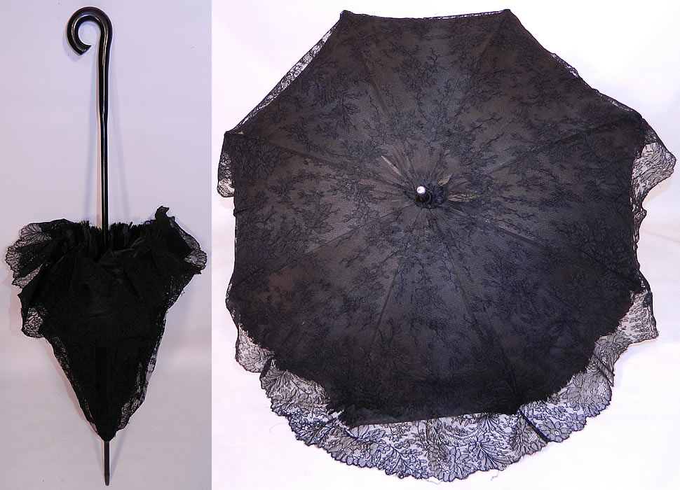 Edwardian Black Chantilly Lace Carved Ebony Handle  Parasol. This Edwardian era antique black chantilly lace carved ebony handle parasol dates from 1910. It is made of a black chantilly lace fabric outlined in black threads with detailed shading effects done in a floral pattern design and scalloped edging.
