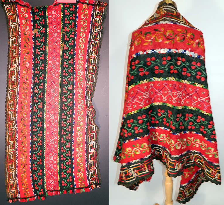 Victorian Antique Colorful Wool Hand Knit Embroidered Fringe Striped Shawl Blanket. This Victorian era antique colorful wool hand knit embroidered fringe striped shawl blanket dates from the 1880s. It is made of colorful wool hand knit and embroidered with a striped design pattern.