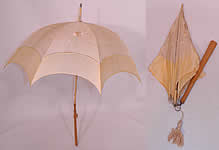 Edwardian Ecru Cream Silk Embroidered Folding Wood Handle  Pagoda Parasol