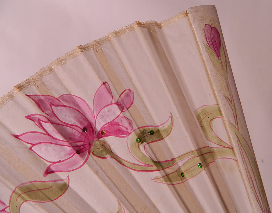 Art Nouveau Japonism Hand Painted Flower Sequin Silk Pleated Folding Fan. This fabulous folding fan has an Art Nouveau, Japonism influenced design, with a silver loop ring at the bottom holding the fan together.