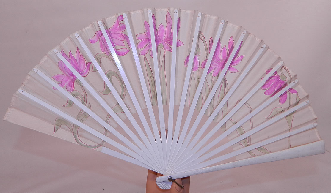 Art Nouveau Japonism Hand Painted Flower Sequin Silk Pleated Folding Fan. The fan measures 9 1/2 inches long. It is in good condition. This is truly a wonderful piece of Art Nouveau Japonism textile art! 