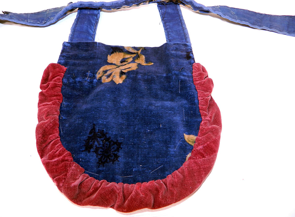 Victorian Antique Printed Velvet Soutache Embroidered Belted Pouch Purse. The purse measures 7 by 7 inches and the belt is 40 inches long. 