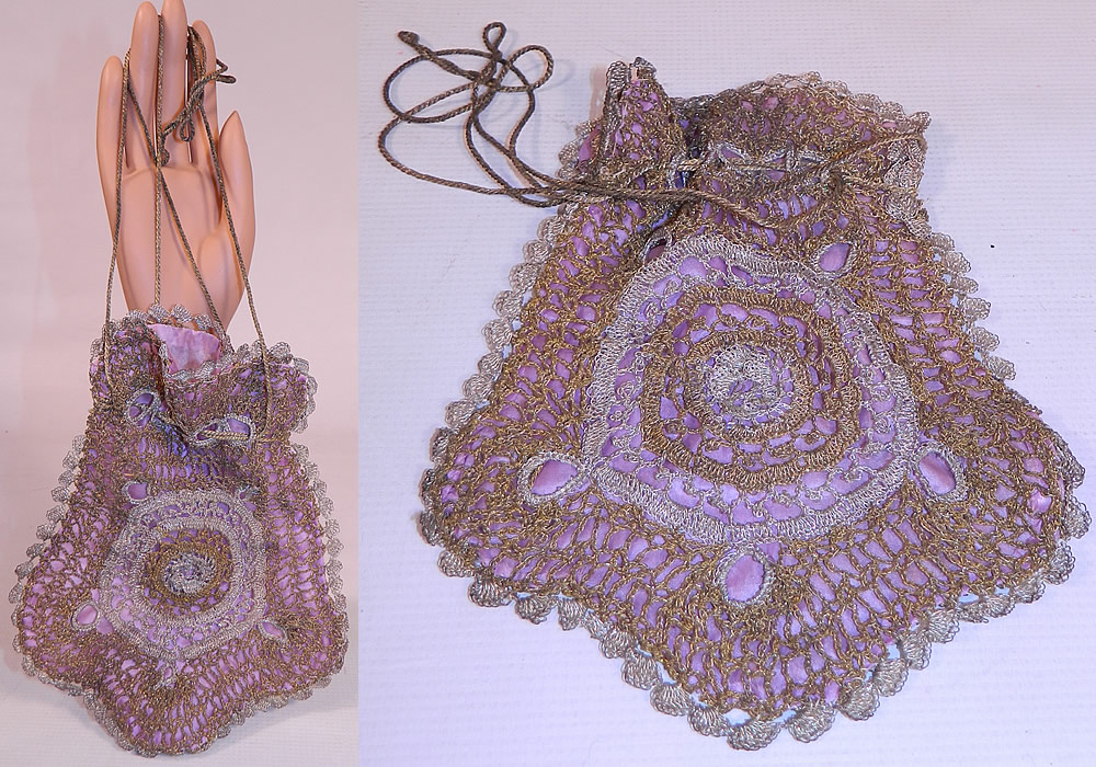 Vintage Gold & Silver Lamé Lame Crochet Lace Reticule Flapper Bag Purse. This vintage gold and silver lamé crochet lace reticule flapper bag purse dates from 1920s. It is made of gold and silver lamé metallic threads hand knit into a loose weave crochet lace circular design on both sides.