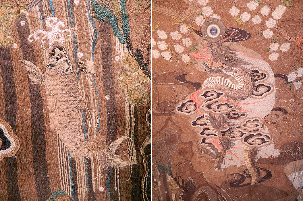 Antique Japanese Silk Embroidered Couching Dragon Birds Wall Hanging Tapesrty. This large tapestry wall hanging measures 76 by 51 inches. 