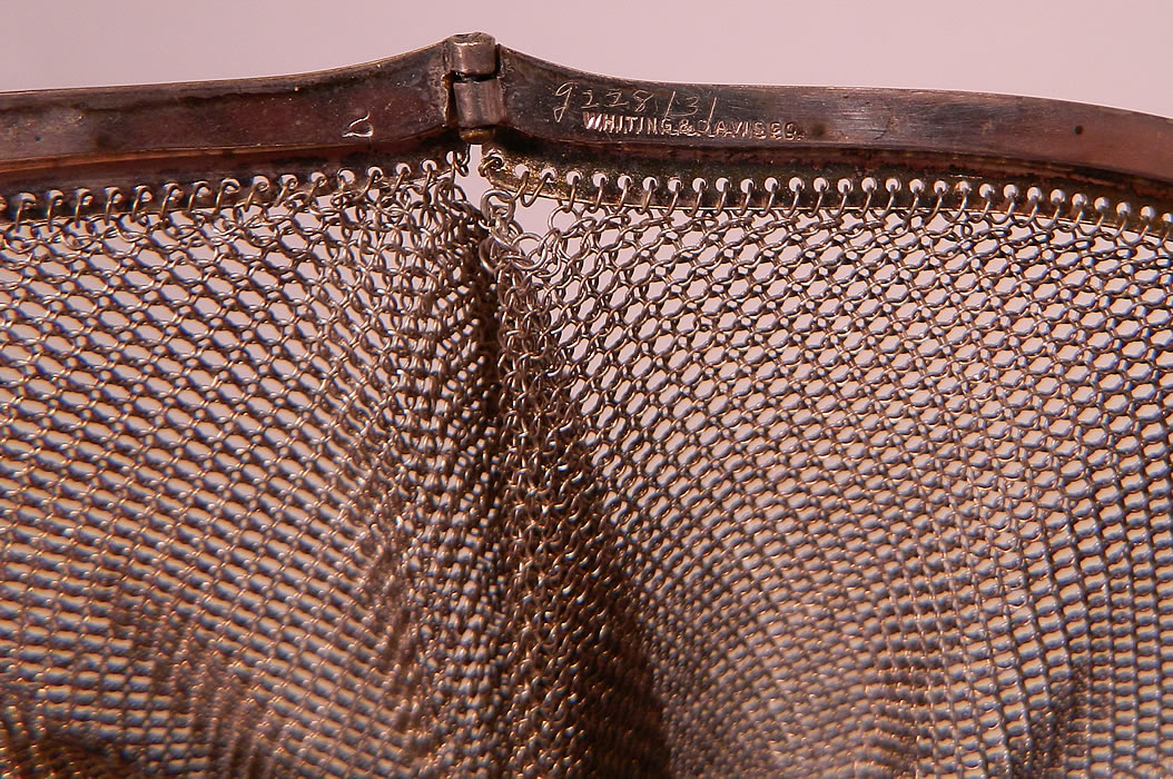 Vintage Whiting & Davis Co Silver Mesh Chainmail Flapper Purse
It is in good condition, with only some slight tarnish discoloration and a couple of loose links on the frame hinge area. This is truly a wonderful piece of Art Deco wearable art! 