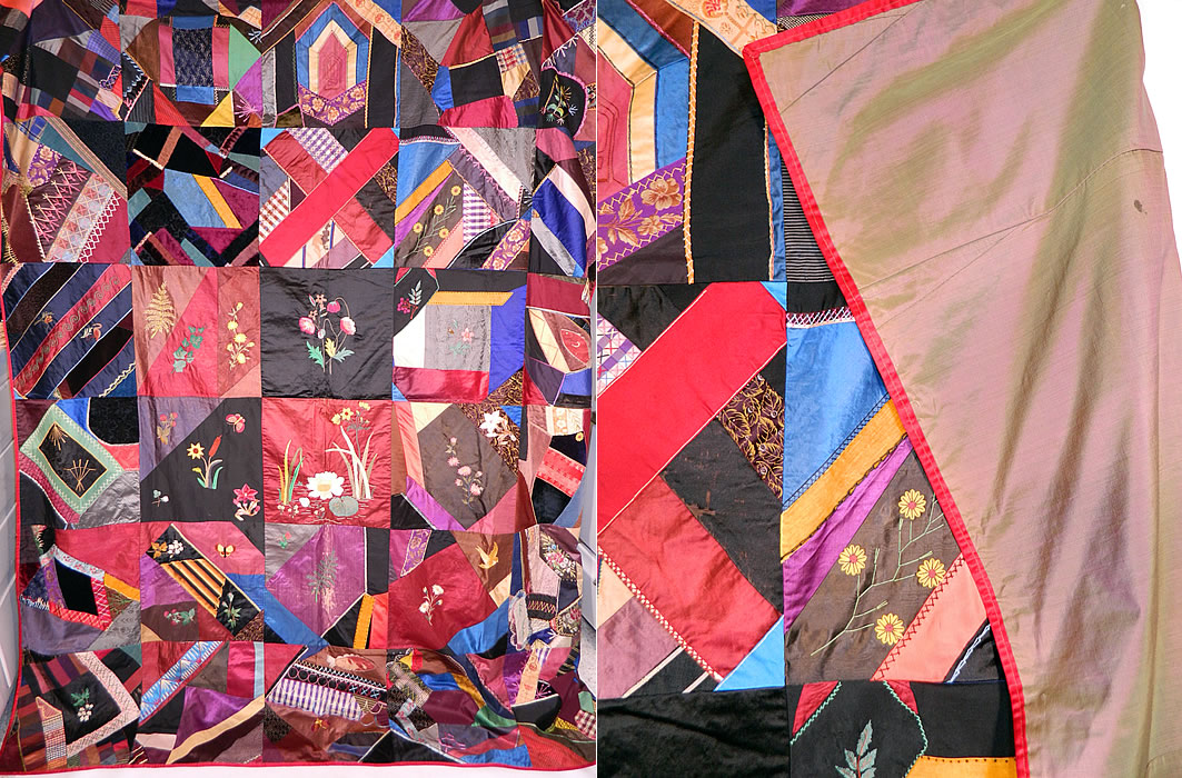 Victorian Antique Silk Embroidered Fancy Needlework Applique Crazy Quilt 
This antique Victorian era silk embroidered fancy needlework applique crazy quilt dates from the late 19th century.