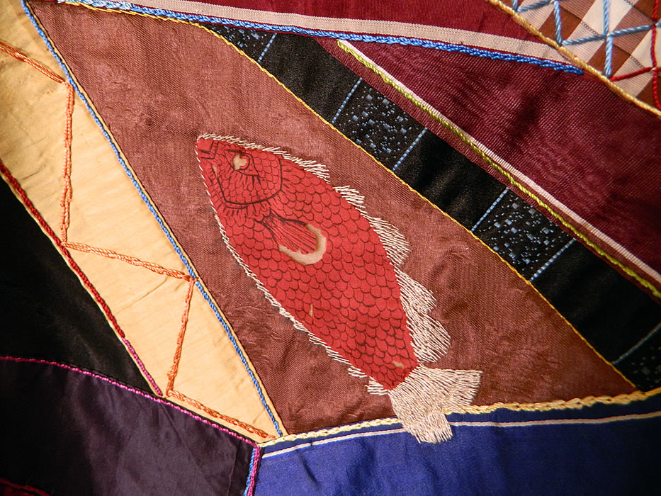 Victorian Antique Silk Embroidered Fancy Needlework Applique Crazy Quilt 
This amazing crazy quilt has a unique pattern design, with a variety of flowers, leaves, butterflies, birds, fish, strawberries and a door. 