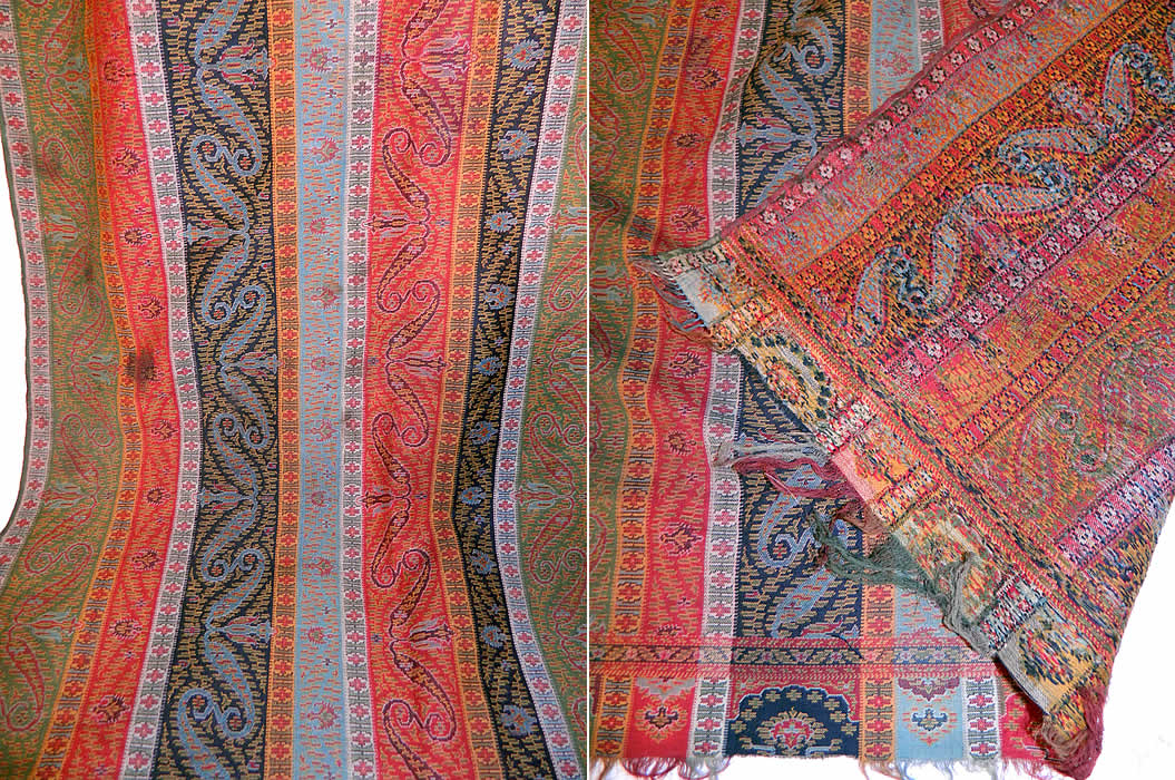 Victorian Antique Jacquard Hand Loom Wool Paisley Striped Shawl Banquet Size
These paisley shawls were made in Kashmir, Persia, India and Europe in Scotland at Paisley itself. This stunning shawl has wonderful workmanship and detail with a colorful striped floral leaf, boteh tear drop shape design and green selvage along the side edgings, with a fringed border trim on the top and bottom. 