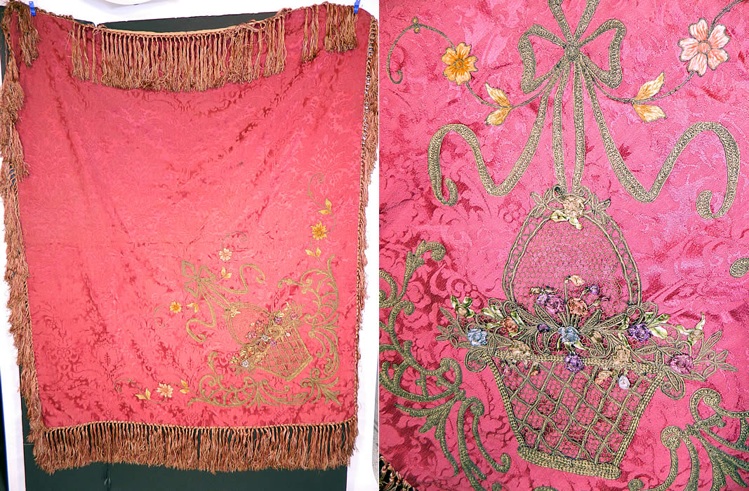 Antique Red Silk Brocade Gold Lam&eacute; Lame Rosette Ribbon Work Flower Basket Tablecloth
This exquisite antique red silk brocade gold lam&eacute; rosette ribbon work flower basket tablecloth dates from 1910. 
