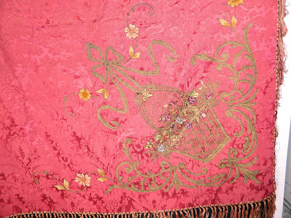 Antique Red Silk Brocade Gold Lam&eacute; Lame Rosette Ribbon Work Flower Basket Tablecloth
It is made of a rose red color silk damask floral leaf rococo pattern brocade fabric, with gold metallic lam&eacute; and colorful chenille embroidered trim accents. 