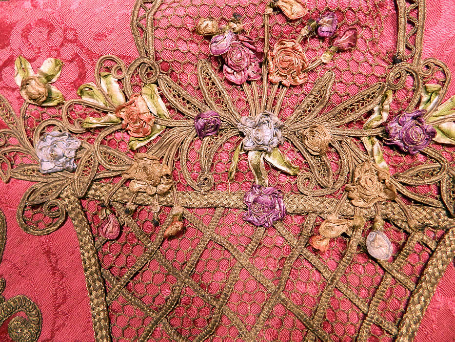 Antique Red Silk Brocade Gold Lam&eacute; Lame Rosette Ribbon Work Flower Basket Tablecloth
There is a large gold mesh flower basket with ombre silk rosette ribbon work flowers appliqued onto the corner. 