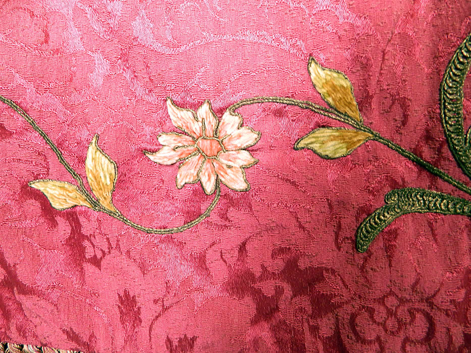 Antique Red Silk Brocade Gold Lam&eacute; Lame Rosette Ribbon Work Flower Basket Tablecloth
The fabric square measures 58 by 48 inches and the fringe trim is 18 inches long. 