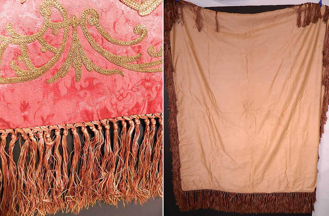Antique Red Silk Brocade Gold Lam&eacute; Lame Rosette Ribbon Work Flower Basket Tablecloth
It is in good condition, but has not been cleaned and has a slight musty odor, with a few faint small stains. This is truly a rare and exceptional piece of antique textile art!