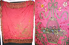 Antique Red Silk Brocade Gold Lam&eacute; Lame Rosette Ribbon Work Flower Basket Tablecloth