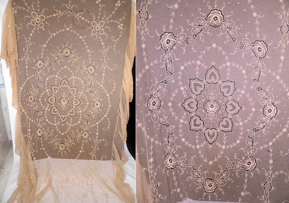 Antique Cream Net Tambour Embroidery Lace Floral Cutwork Bedspread
This antique cream net tambour embroidery lace floral cutwork bedspread dates from the 1920s. It is made of an off white ecru cream color cotton sheer net fabric, with tambour, raised padded satin stitch embroidery lace cutwork with connecting brides and bars.