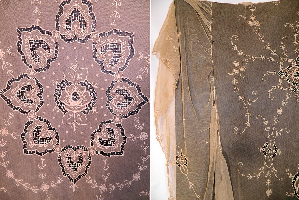 Antique Cream Net Tambour Embroidery Lace Floral Cutwork Bedspread
There is a decorative rose flower, heart shape medallion circular design in the center and floral vine leaves surrounding it. 