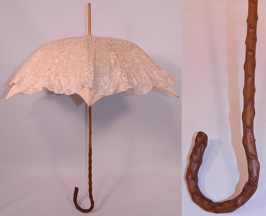 Edwardian Cream Linen Beds Maltese Bobbin Lace Burl Wood Handle Summer Parasol
This Edwardian era antique cream linen and Beds Maltese bobbin lace burl wood handle summer parasol dates from 1910.
This is truly a wonderful parasol perfect for an Edwardian era ladies summer outing!