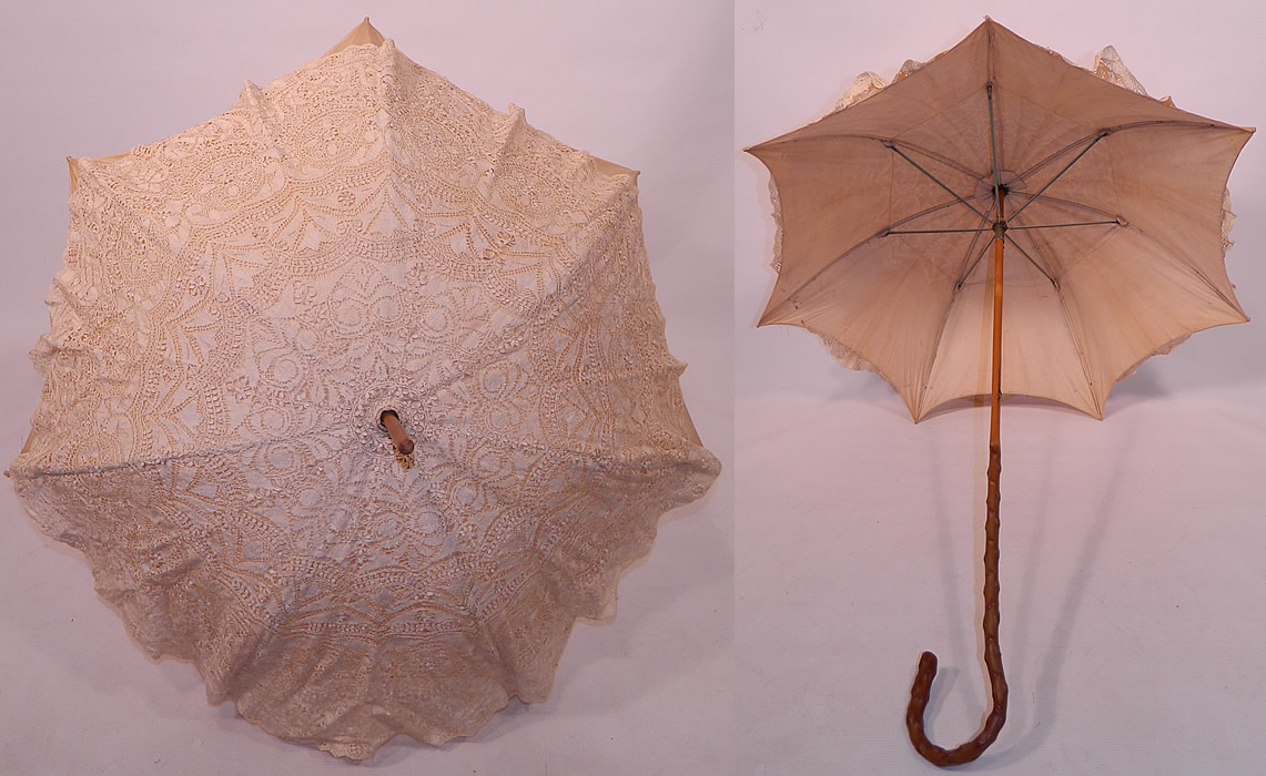 Edwardian Cream Linen Beds Maltese Bobbin Lace Burl Wood Handle Summer Parasol
It is made of an off white cream color linen fabric lining, covered with a Beds Maltese bobbin lace wheat ears, floral pattern sheer silk lace fabric.